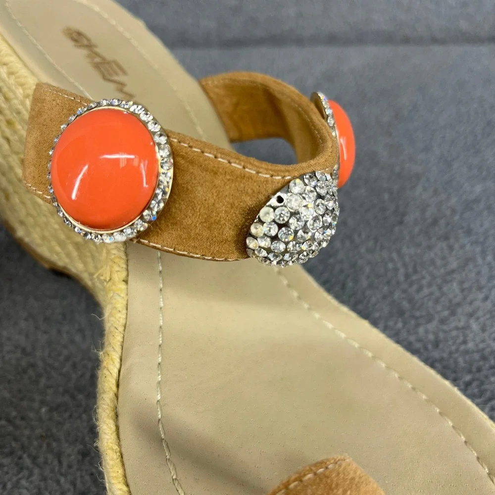 Skemo Wedge Sandals Womens 10‎ Tan Coral Embellished Espadrille Boho Rhinestone